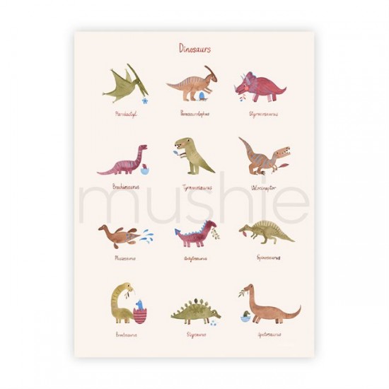 Mushie Poster Medium Dinosaurs 29.7 x 42 cm σε ξύλινη κορνίζα χρώμα φυσικό