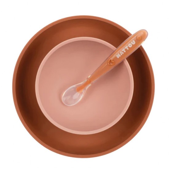 Nattou silicon Σετ φαγητού 4 τεμαχίων με σαλιάρα (ροζ)